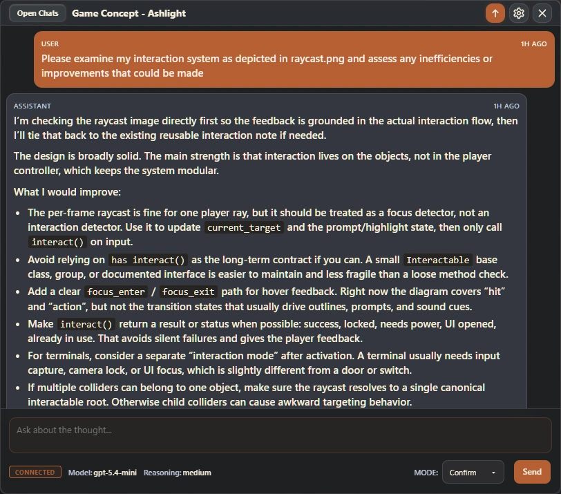 An open AtelierRelay AI chat discussing the active project and responding with detailed, project-specific recommendations.