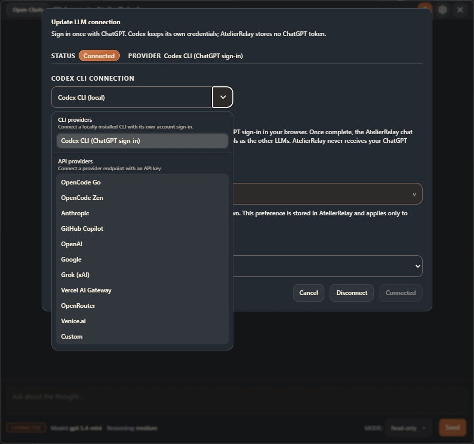AtelierRelay’s optional AI connection setup showing Codex sign-in and the available CLI, API-provider and custom connection routes.
