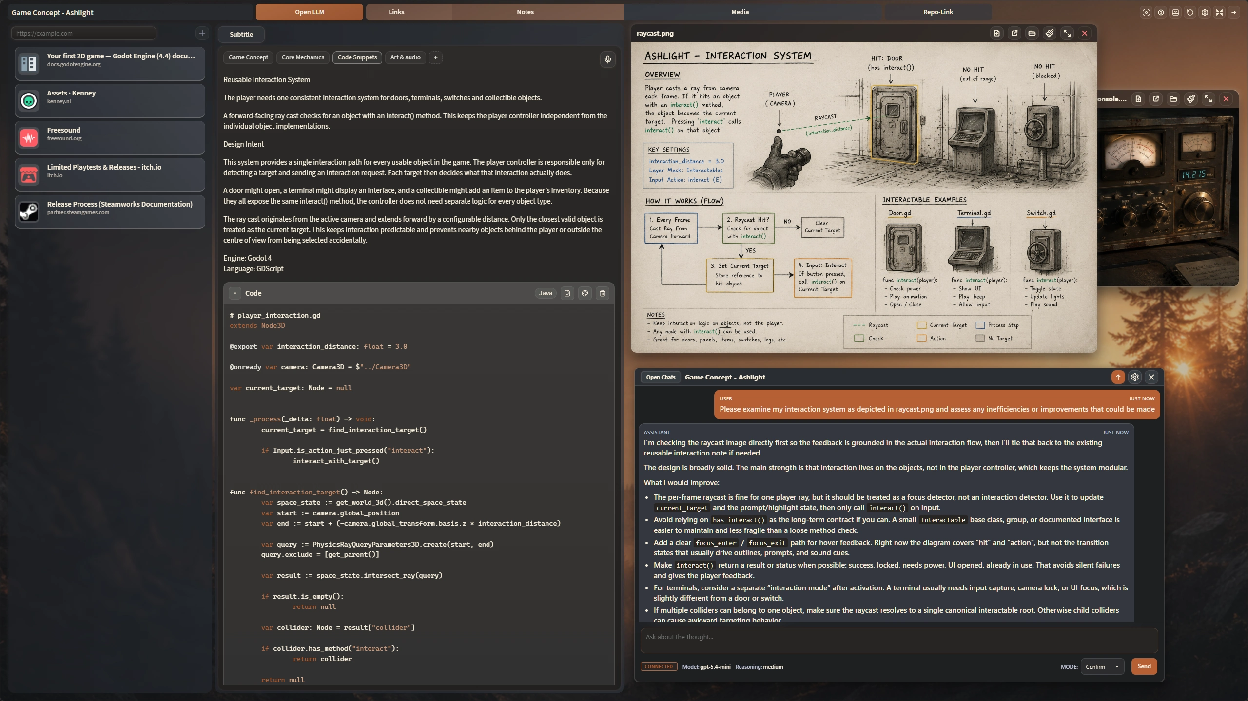 AtelierRelay in Minimal mode with resized panels, a project note, an open supporting diagram, media, and an optional AI chat arranged together.