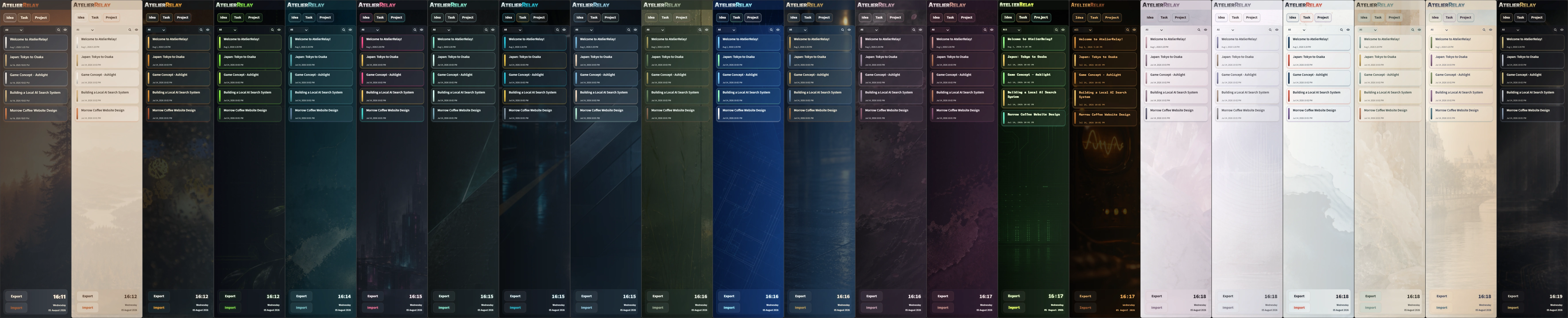 A panoramic collection of AtelierRelay themes with image backgrounds applied.