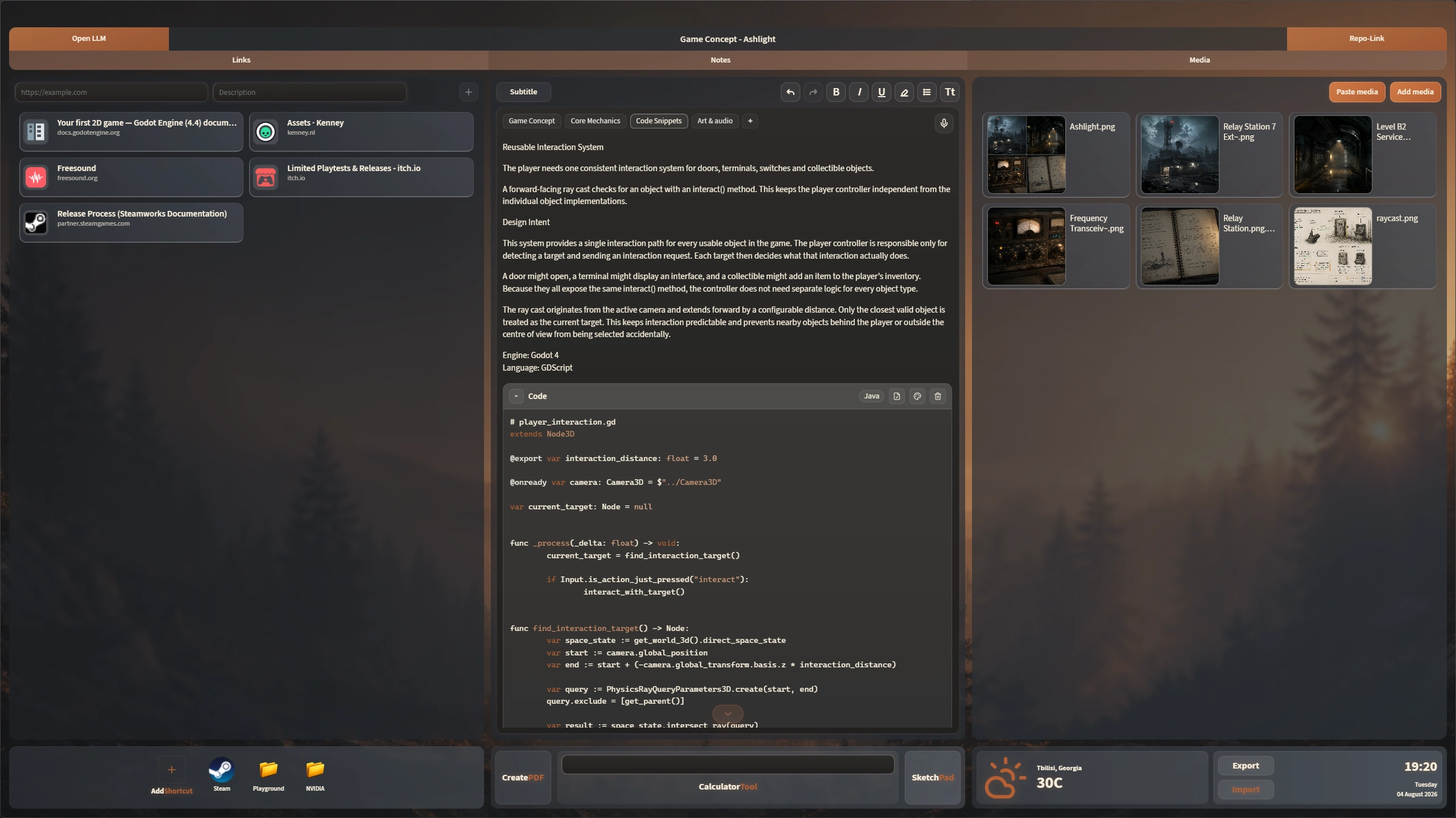 A developed AtelierRelay project in Fullscreen View with described links, tabbed notes and code, related media, tools, and an open supporting diagram.